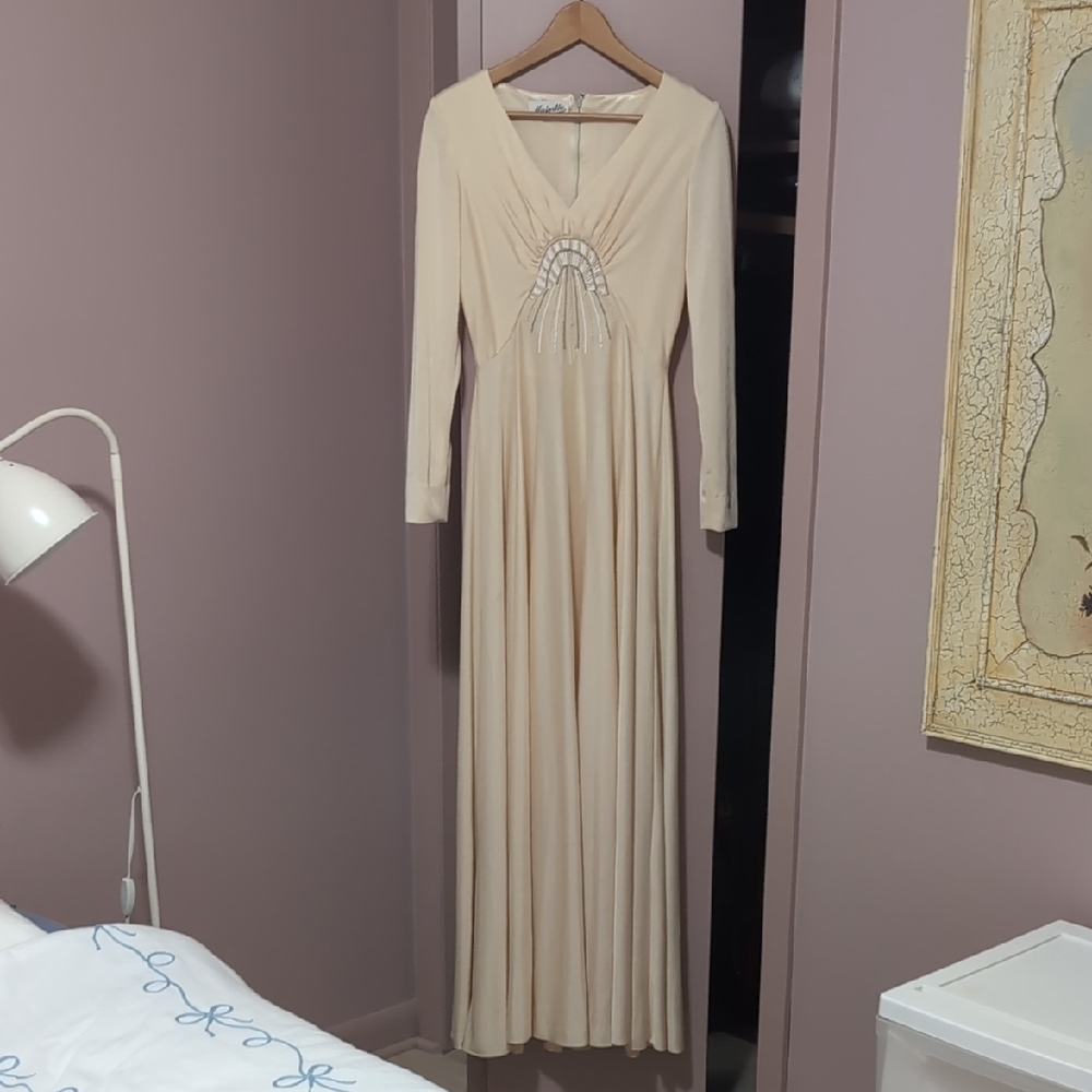 Majestic Cream Long Sleeve Dress with Embellished Detail
